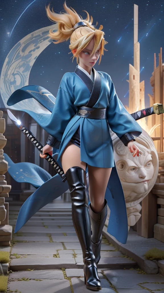 1 girl, ultra long hair, ultra detailed face, glowing lips, glowing blue eyes, very long ponytail, elegant walk, catwalk, holding down a giant katana, blonde, long eyelashes, long boots , looking to the sky, starry sky, a ultra giant katana
