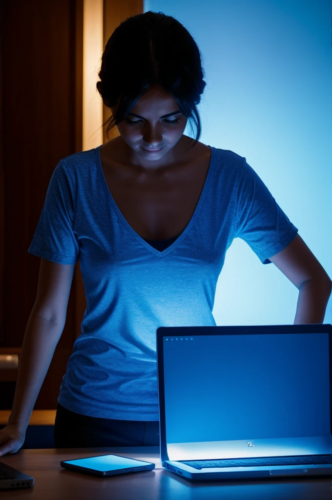 Woman working on laptop illuminated by a blue light