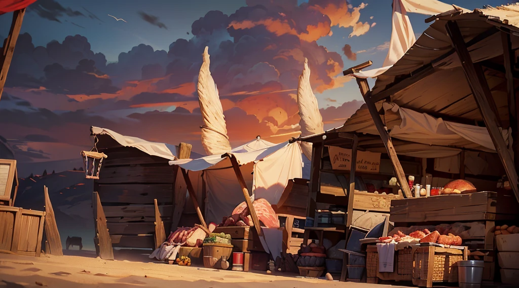 traditional market, butchery, (they sell meats on the table and display case, skull), ((market stalls, market tents)), wooden roof, wooden boxes, wooden basket, wire, ((giant sharp rocks)), sand ground, (dawn time, daybreak sky, dark morning), low angle, AnatomicTech,