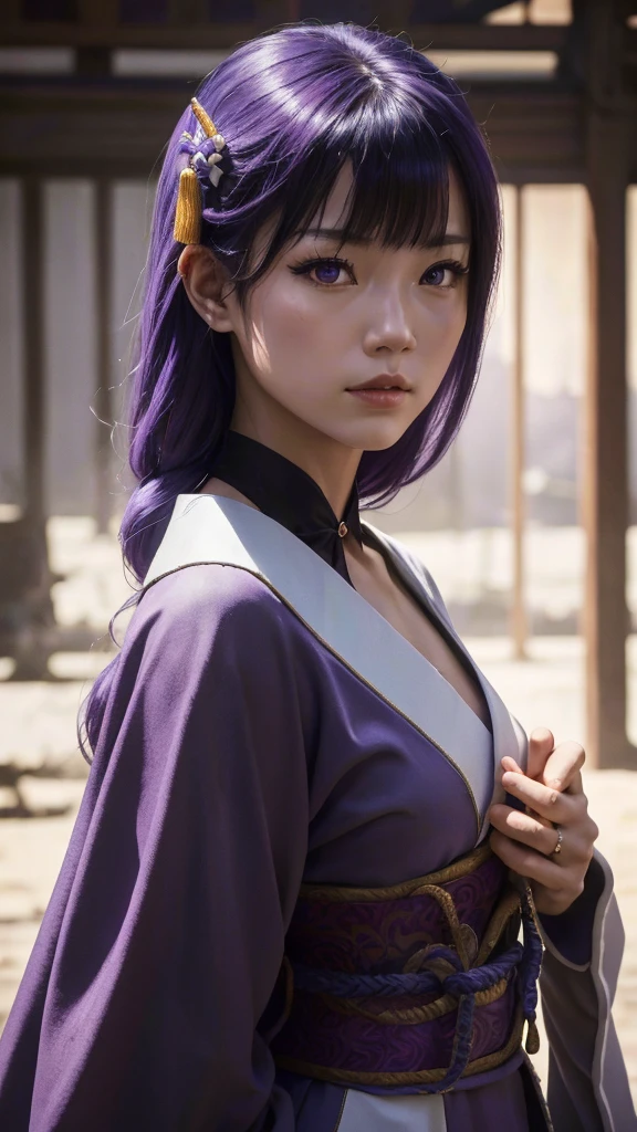 A adult girl in realistic portrait of high quality and detail, Raiden Shogun (Genshin Impact), 2000's movie style, japanese girl, dark and mysterious atmosphere, pale skin, glow, eye shadow, 1girl, thriller fantasy, Depth & Perspective, sadness on her face, long tail purple hair, purple eyes, Mystical powers, fine face, standing in the room, outside, the japanese royal palace on the background, blue sky, white cloud, looking at viewer, (ultra-high detail:1.2), Masterpiece, Best Quality, Ultra-detailed, Cinematic lighting, 8K, delicate features, cinematic, 35 mm lens, f/1.9, highlight lighting, global lighting –uplight –v 4, cinematic, intense gaze, Cinematic lighting, 8K, high quality, Highest Quality, (Solo Focus), (extremly intricate:1.3), (Realistic), dramatic, masterful, Analog style, (Film grain:1.5), (warm hue, cold tone), destruction behind back