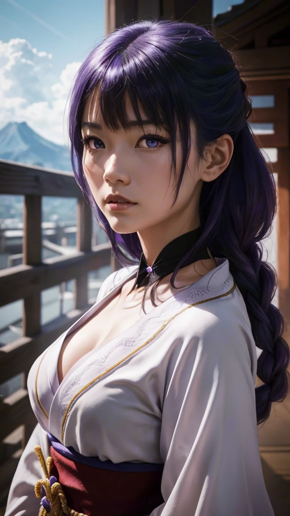 A adult girl in realistic portrait of high quality and detail, Raiden Shogun (Genshin Impact), 2000's movie style, japanese girl, dark and mysterious atmosphere, pale skin, glow, eye shadow, 1girl, thriller fantasy, Depth & Perspective, sadness on her face, long tail purple hair, purple eyes, Mystical powers, fine face, standing in the room, outside, the japanese royal palace on the background, blue sky, white cloud, looking at viewer, (ultra-high detail:1.2), Masterpiece, Best Quality, Ultra-detailed, Cinematic lighting, 8K, delicate features, cinematic, 35 mm lens, f/1.9, highlight lighting, global lighting –uplight –v 4, cinematic, intense gaze, Cinematic lighting, 8K, high quality, Highest Quality, (Solo Focus), (extremly intricate:1.3), (Realistic), dramatic, masterful, Analog style, (Film grain:1.5), (warm hue, cold tone), destruction behind back