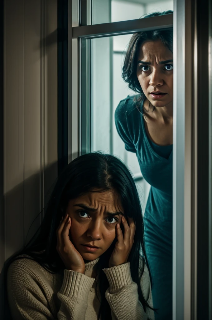 Prompt of scared woman asks for help at the window in the middle of the night