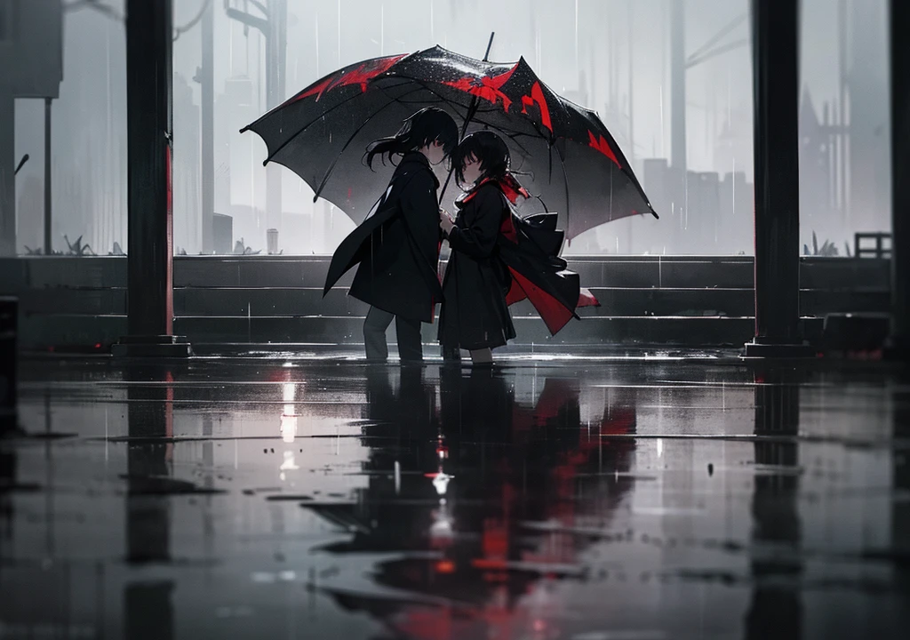 "Create an anime-style image that captures the emotional depth and contrasting themes of the song. The scene should feature a dark, rainy urban environment with deep shadows and muted colors. In the foreground, a character with visible red scars on their wrists stands in a contemplative pose, half-hidden in the shadows. Their face is partially obscured by a mask, symbolizing the duality of their public facade and private pain. Surrounding them, incorporate subtle, moody lighting and rain effects to evoke a sense of inner turmoil and silent screams. The overall aesthetic should blend traditional anime art with a melancholic and dark, yet visually striking atmosphere."