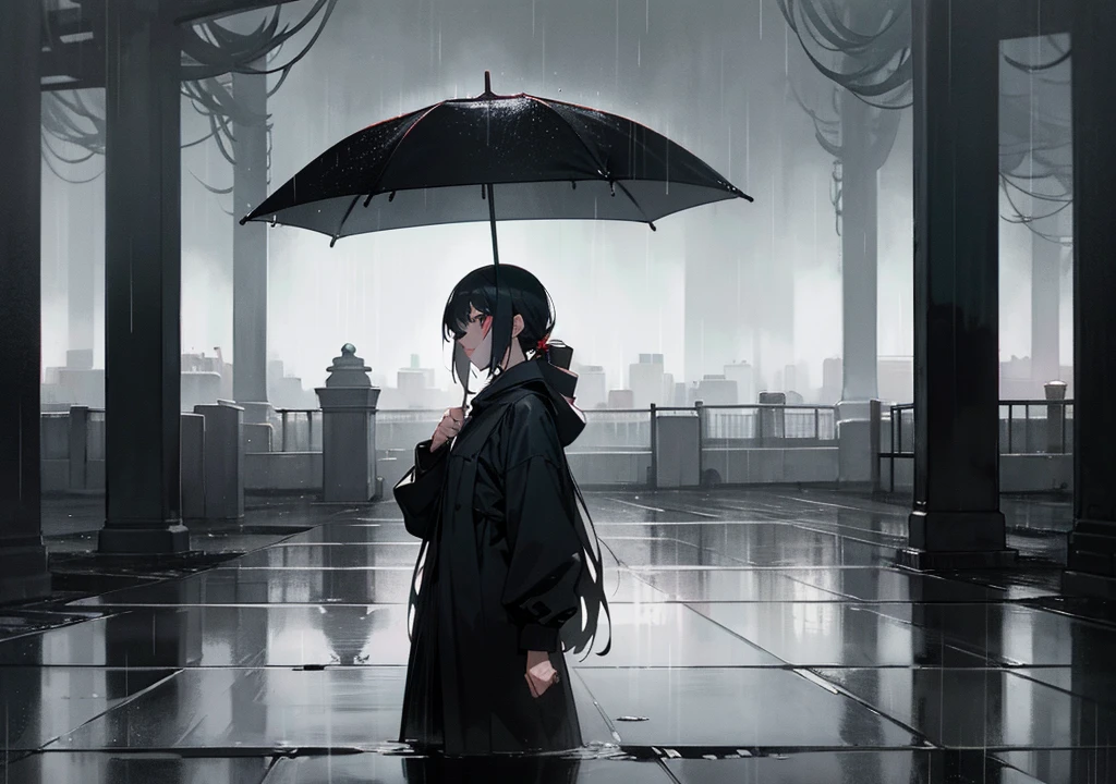 "Create an anime-style image that captures the emotional depth and contrasting themes of the song. The scene should feature a dark, rainy urban environment with deep shadows and muted colors. In the foreground, a character with visible red scars on their wrists stands in a contemplative pose, half-hidden in the shadows. Their face is partially obscured by a mask, symbolizing the duality of their public facade and private pain. Surrounding them, incorporate subtle, moody lighting and rain effects to evoke a sense of inner turmoil and silent screams. The overall aesthetic should blend traditional anime art with a melancholic and dark, yet visually striking atmosphere."