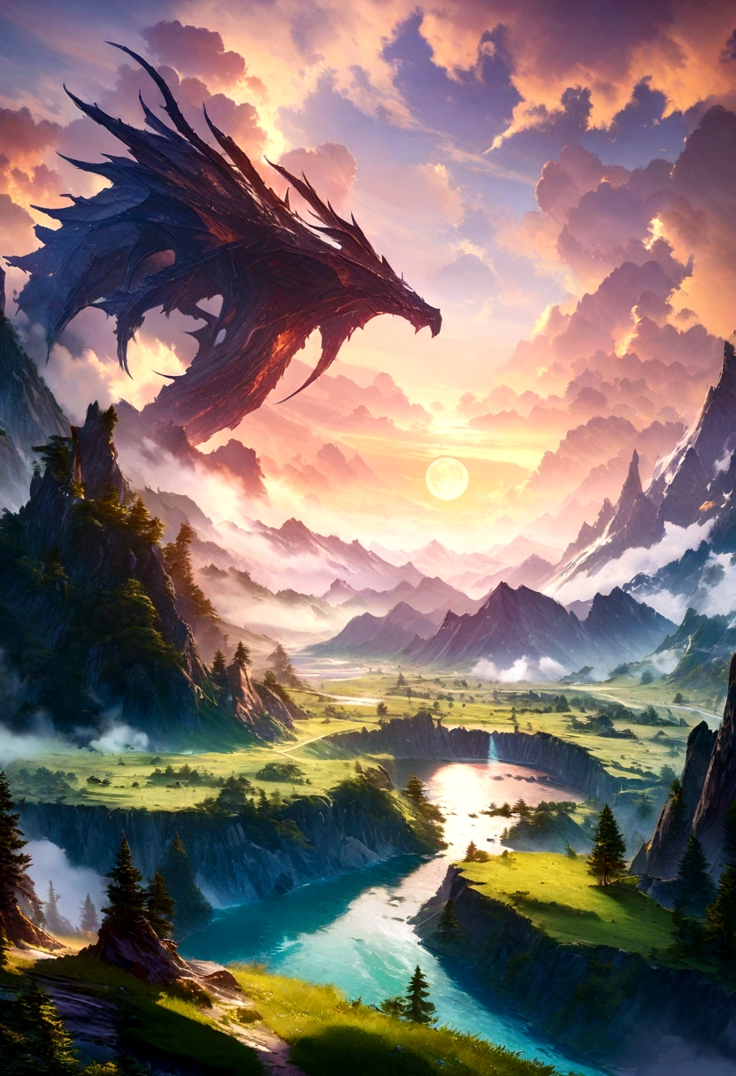 mountains and a lake with a moon in the sky, highly detailed digital art in 4k, Very detailed 4k hd wallpaper, stunning fantasy landscape, science fiction fantasy wallpaper, unreal engine wallpaper 4k, detailed digital art in 4k, science fiction fantasy wallpaper, epic dreamlike fantasy landscape, 4k hd matte digital painting, Stunning 8k art  