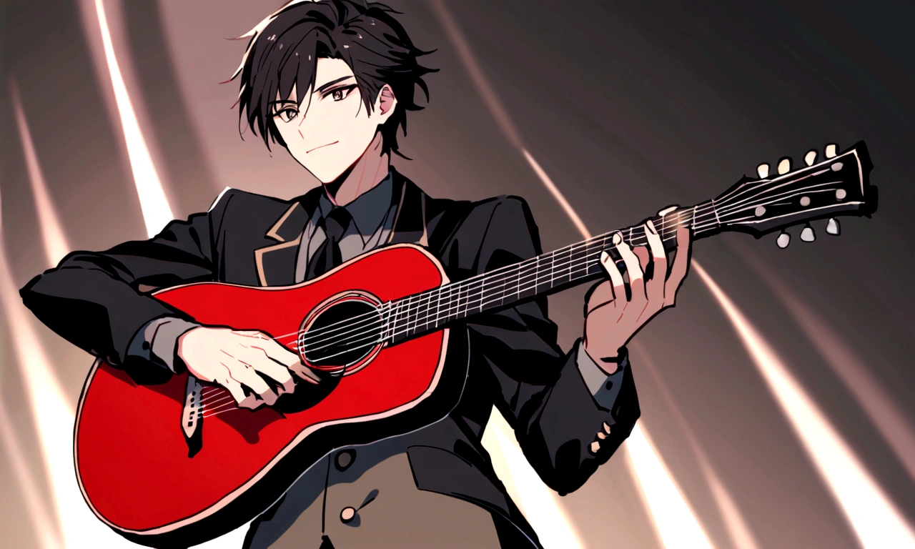 Young Man，Short black hair，Dark hazel eyes，The face is smooth and perfect，singing、holding a guitar in his hand