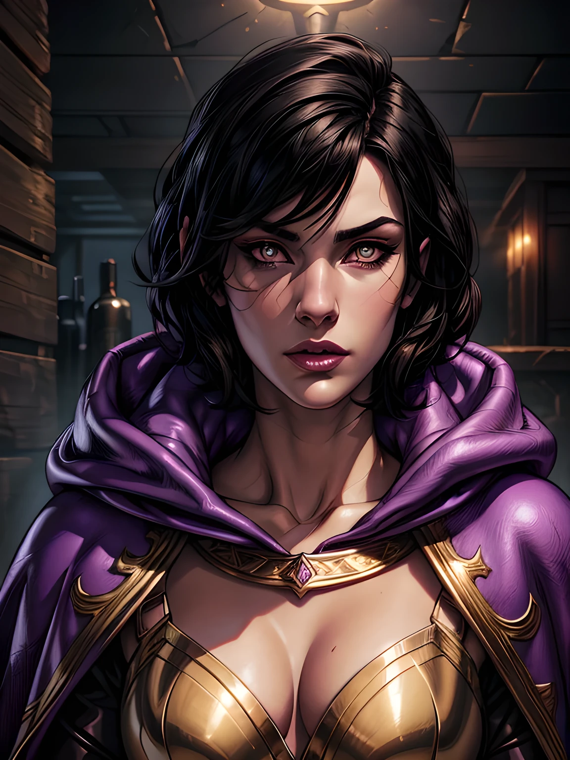 a woman with golden eyes, short pixie haircut, black hair, wearing leather armor with a purple hooded cloak and fur trim, detailed digital portrait, highly realistic, cinematic lighting, 8k, photorealistic, hyper detailed, masterpiece