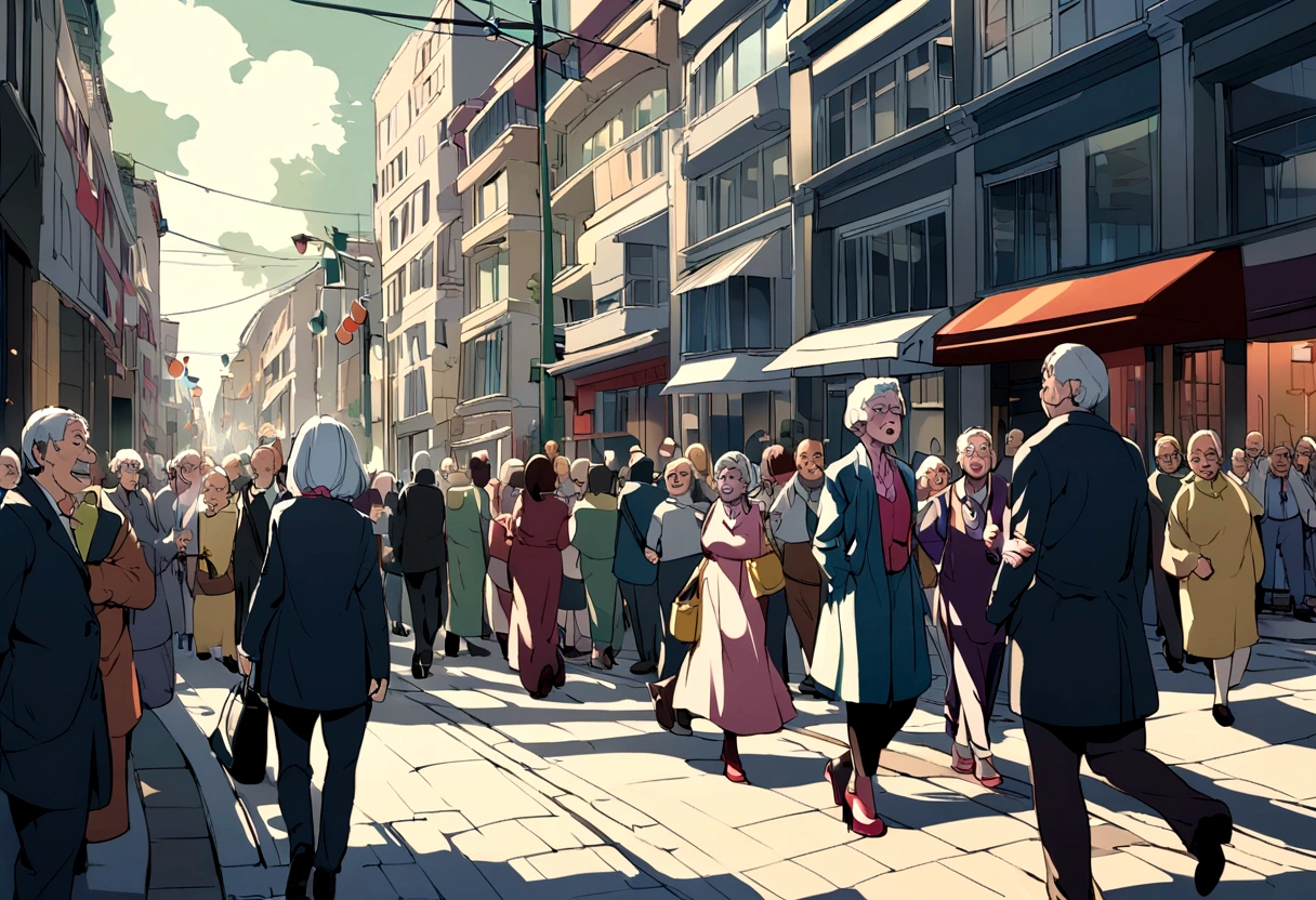 avenue with cars, a 60 year old woman, scared, Several people walking on the sidewalk