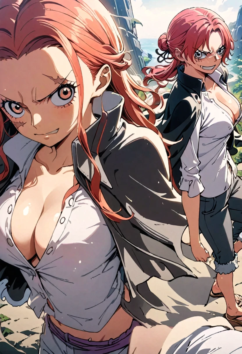 masterpiece, best quality), intricate details, 1 girl, woman, red hair, straw hat, Shanks, shanks \ (one piece\), scar on face, (long hair), shirt, white shirt, female focus, clothes, collared shirt, pants, cape, black coat, shirt, scar, sandals, pectorals, partially unbuttoned, cleavage, black coat on shoulders, nature, scenery, upper body, straw hat,
((front view)) ((close up shot)) ((solo)) ((Twisted Updo: Long hair twisted and pinned up into an elegant updo, often with loose tendrils left out))
...