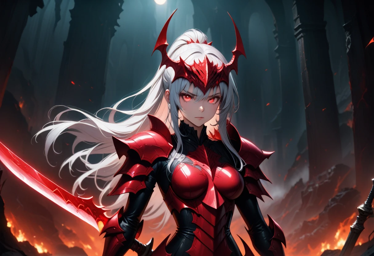 8k resolution, depth of field, photorealistic, lens flare, ((best quality)), (((intricate details))), highly detailed, (((cinematic effect))), looking at viewer,1girl,breasts,long hair, ((white hair with black highlights)), ponytail, glowing red eyes, serious and severe face, demonic armor, helmet in the shape of a blood red dragon head,holding, holding weapon, sword, holding sword, the blade and blood red color, night, (underworld,hells), well of cursed souls, the river styx, one of the 4 rivers of hell in the backgrounddynamic lighting, high quality.detailed skin