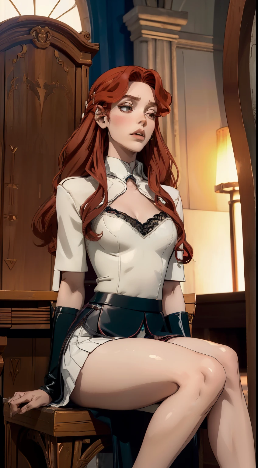 ((foto de corpo inteiro)), ((foto realista)), 1 girl, (colete: 1.2), 8k, high-res, pele finamente detalhada, lingerie, seios enormes, lenore from castlevania, vampire, red hair, skirt, sitting, toned legs, heels, dominant, low angle, upskirt, skinny, fit, skinny legs