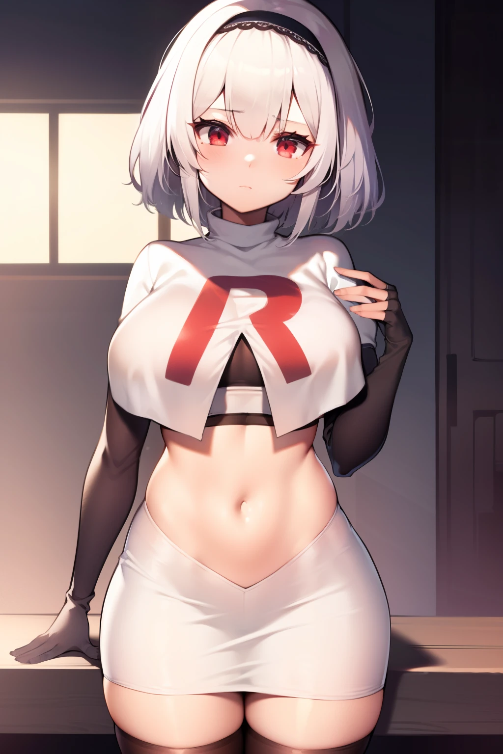 sirius (azur lane),white hair,red eyes,1girl,short hair,headband,team rocket,team rocket uniform,white skirt,red letter R,crop top,black thigh-highs,black elbow gloves