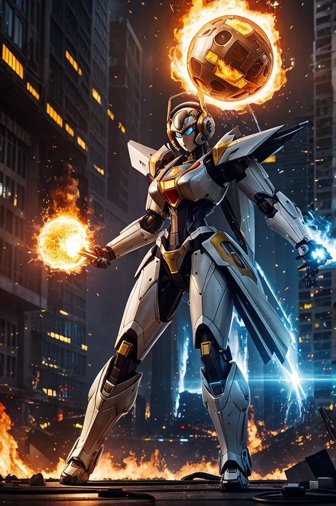 The beautiful mecha lady with big-headphone. Wearing mecha-suit-dress, dynamic fighting pose with holding fire-sphere energy on the top of building with burning shattered explode city building view