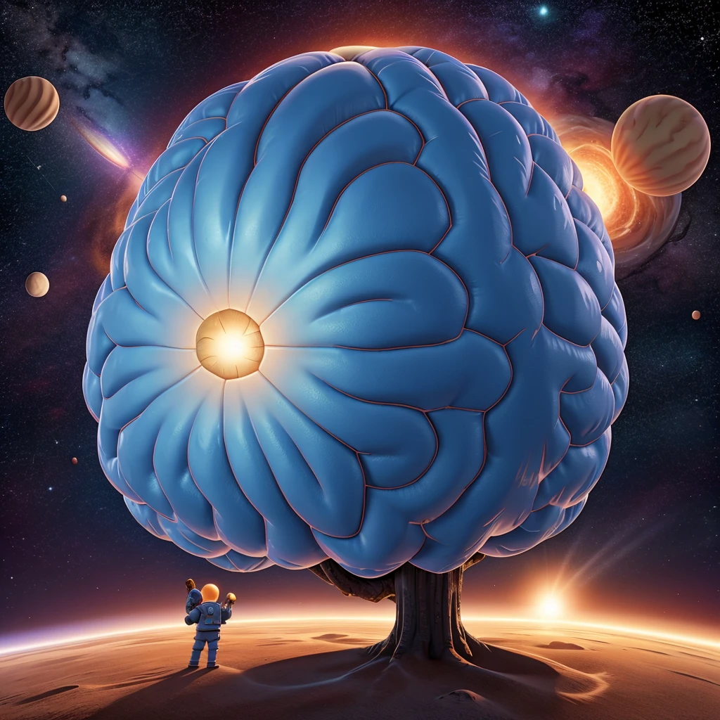 Giant brain expanding ideas in space 