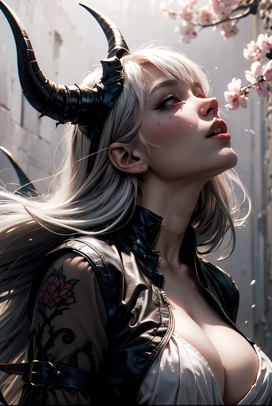 (masterpiece, top quality, best quality, official art, beautiful and aesthetic:1.2), ((1demongirl + demon girl, cute girl side by side a demon girl, sexy, 2demongirls:1.2)), looking at viewer, monochrome, greyscale, blunt bangs, red eyes, platinum white hair, beautiful highly detailed kimono, parted lips, oni horns, aesthetic psychedelic graffiti background, , gothic, pink cherry blossoms blowing in the wind, sexy appeal, looking up
