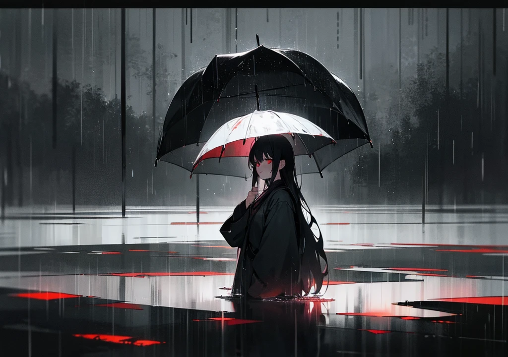 "Create an anime-style image that captures the emotional depth and contrasting themes of the song. The scene should feature a dark, rainy urban environment with deep shadows and muted colors. In the foreground, a character with visible red scars on their wrists stands in a contemplative pose, half-hidden in the shadows. Their face is partially obscured by a mask, symbolizing the duality of their public facade and private pain. Surrounding them, incorporate subtle, moody lighting and rain effects to evoke a sense of inner turmoil and silent screams. The overall aesthetic should blend traditional anime art with a melancholic and dark, yet visually striking atmosphere."