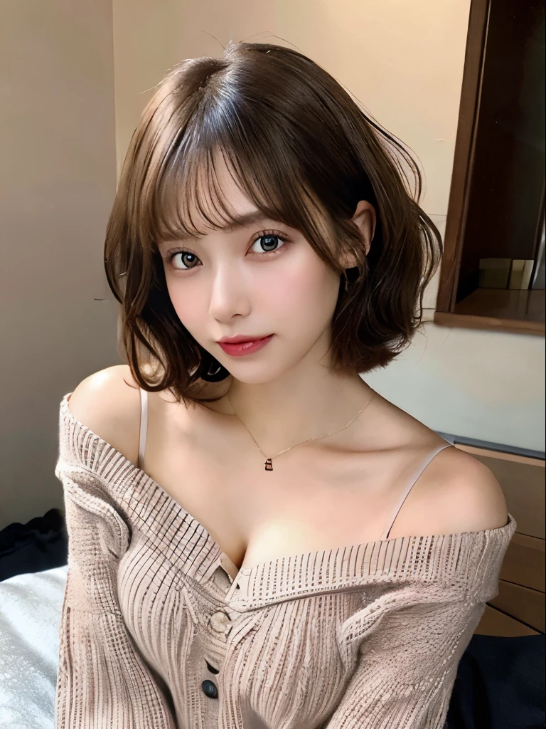 best qualtiy,tmasterpiece,超A high resolution,(realisticlying:1.4),
1girll,Short curly hair,Rich in detail, shoulder,cleavage,Knitwear, Deep shading, messy room, sit pose, Sitting on an object,