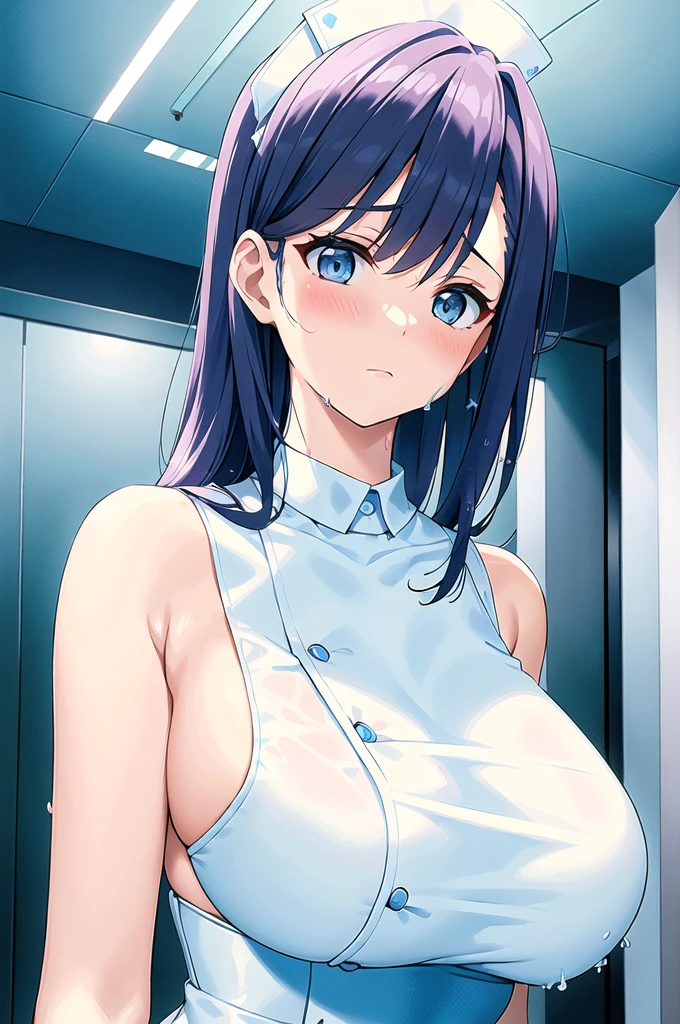 (A modern operating room with dazzling blue LED lighting), ((a very nice nurse undressed in the operating room with many nursing assistants)). (Wearing white silk nurse uniform.: 1.5). 40k, Photos, Masterpiece, Superior quality, (Beautiful hair). Beautiful Japanese woman with soft breasts and light skin., Various poses. ((Big: 1.2)), ((very soft breasts)), Super detailed face, detailed eyes, (she is wet). shot in the chest, blush, ashamed.