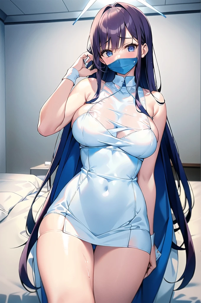 (A modern operating room with dazzling blue LED lighting), ((a very nice nurse undressed in the operating room with many nursing assistants)). (Wearing white silk nurse uniform.: 1.5). 40k, Photos, Masterpiece, Superior quality, (Beautiful hair). Beautiful Japanese woman with soft breasts and light skin., Various poses. ((Big: 1.2)), ((very soft breasts)), Super detailed face, detailed eyes, (she is wet). shot in the chest, blush, ashamed.