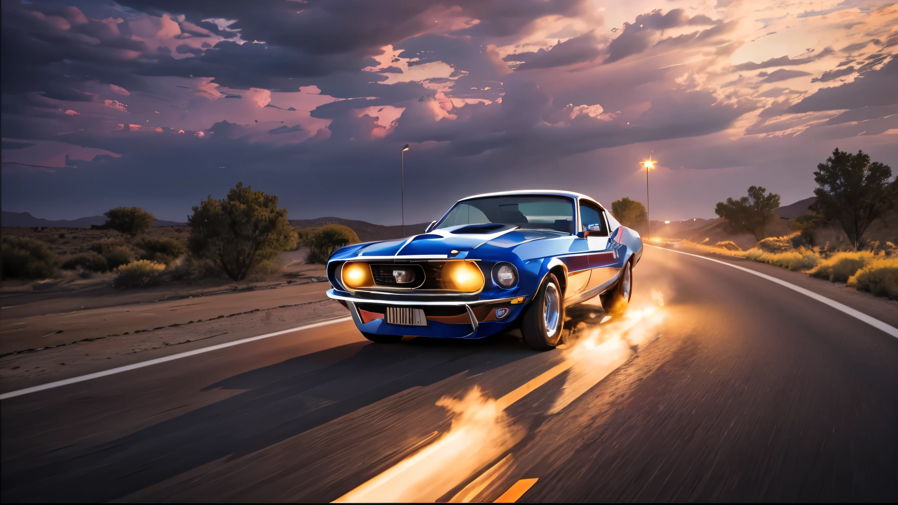 1970s ford mustang car,driving on freeway,road on fire,cinematic lighting,dramatic sky,photorealistic,epic,dynamic angle,high quality,detailed engine,chrome detailing,glossy finish,realistic textures,(best quality,4k,8k,highres,masterpiece:1.2),ultra-detailed,(realistic,photorealistic,photo-realistic:1.37),cinematic,dramatic composition,vibrant colors,volumetric lighting,realistic shadows,cinematic post-processing