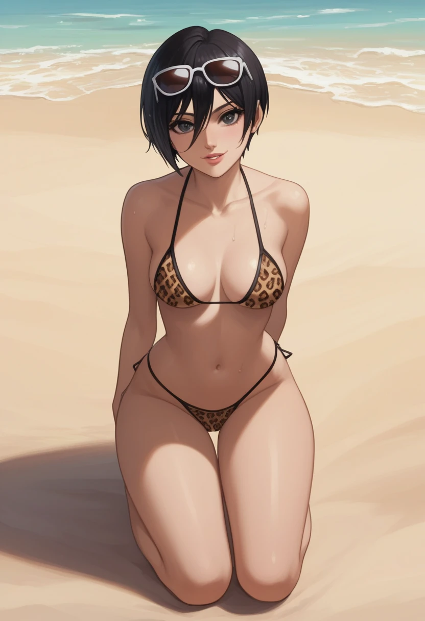 score_9_up, score_8_up, score_7_up, 1girl, solo, mature female, Mikasa, very short black hair, ((pixie cut)), dark grey eyes, pink lips, parted lips, fit slim body, ((perfect medium erected breast)), ((( leopard tight bikini with thong, sunglasses on her head))), rosy cheeks, wide hips, sand beach, looking at the viewer, naughty smile, kneeling on the sand and showing her tits, wet body