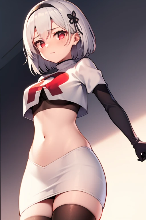 sirius (azur lane),white hair,red eyes,1girl,short hair,headband,team rocket,team rocket uniform,white skirt,red letter R,crop top,black thigh-highs,black elbow gloves