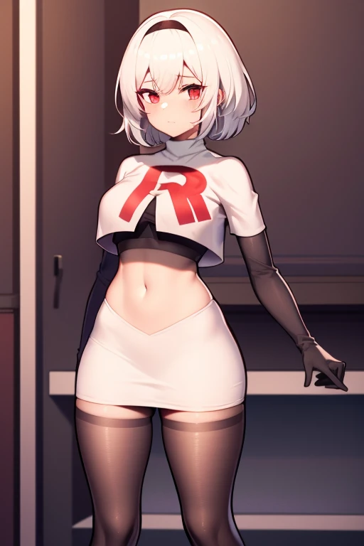 sirius (azur lane),white hair,red eyes,1girl,short hair,headband,team rocket,team rocket uniform,white skirt,red letter R,crop top,black thigh-highs,black elbow gloves