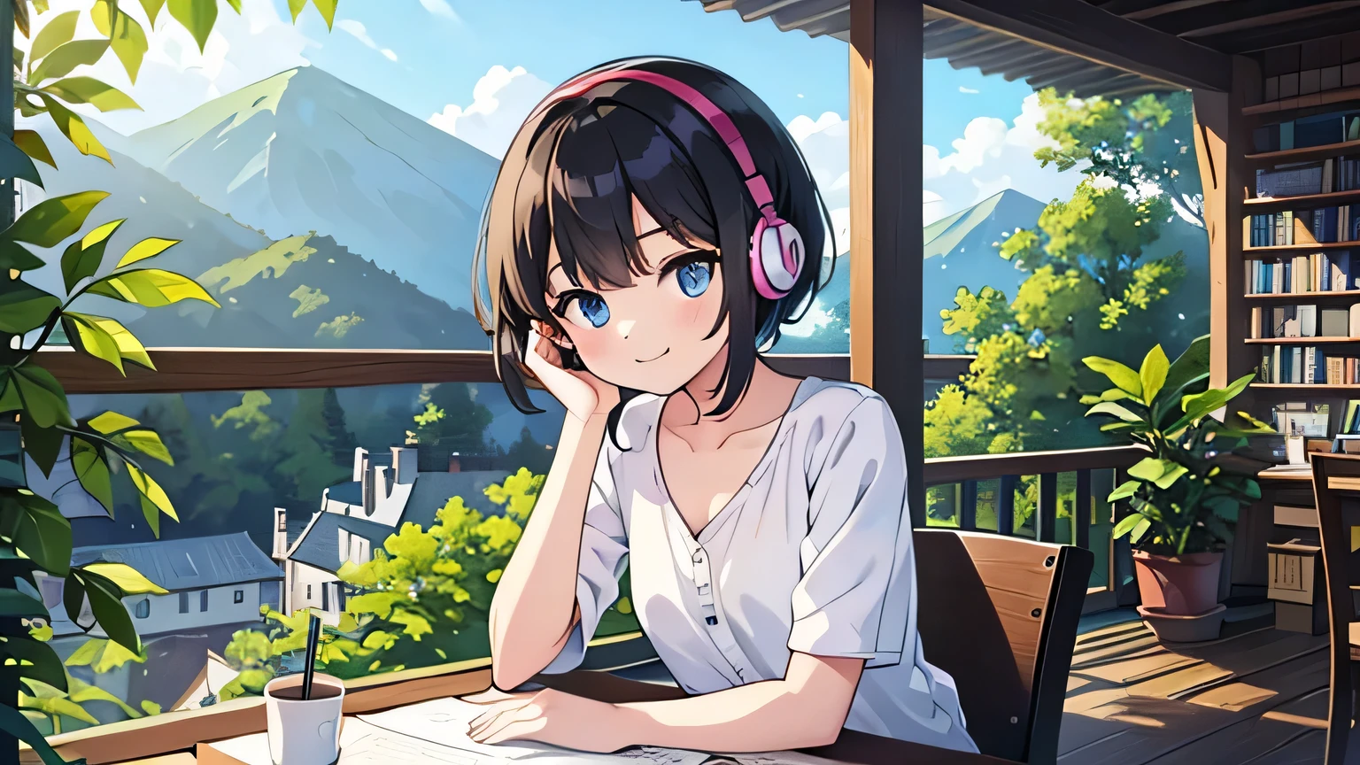 1girl, solo, blue eyes, (detailed eyes), flat chest, short hair, black hair, upper body, gentle smile on her face, wearing a white shirt, sitting up straight((masterpiece, illustration, best quality)) in early morning a girl studying while listening to music with headphones outside of the balcony .the view is very beautiful . there are plants in the background, he is typing her laptop with a beautiful morning view with books and plants in the background with a cup of cocoa inside on the desk
