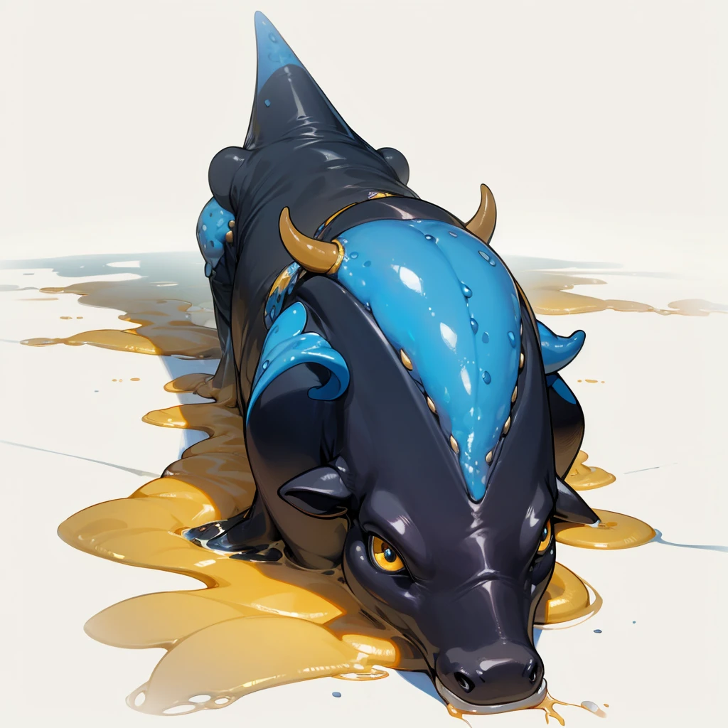 (Random Evolution, Colossal squid mixed Limousine cow), full body version, full blue and yellow colour skins, (gold eyes), (Grassroots oil), no background, Oil, slimy floor