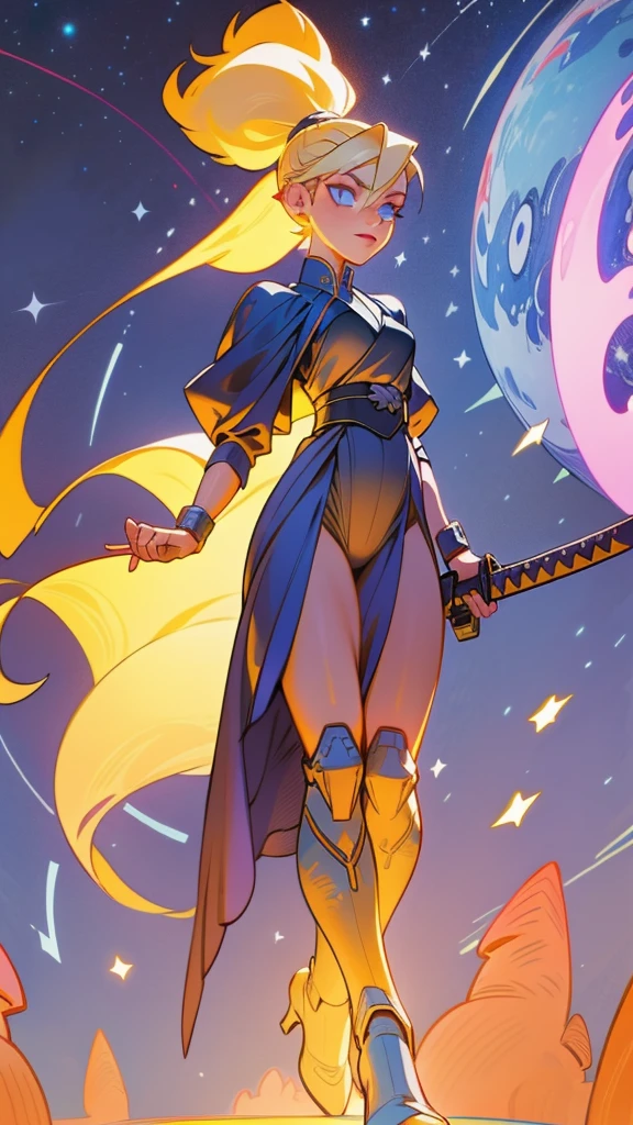 1 girl, ultra long hair, ultra detailed face, glowing lips, glowing blue eyes, very long ponytail, elegant walk, catwalk, holding down a  giant katana, blonde, long eyelashes, long boots , looking to the sky, starry sky, a ultra giant katana 