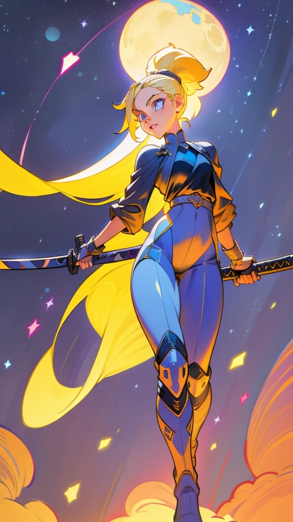 1 girl, ultra long hair, ultra detailed face, glowing lips, glowing blue eyes, very long ponytail, elegant walk, catwalk, holding down a  giant katana, blonde, long eyelashes, long boots , looking to the sky, starry sky, a ultra giant katana 