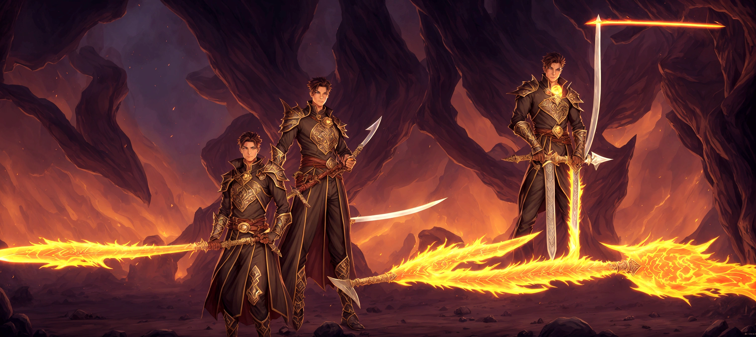 cartoon illustration of a man in a suit holding a sword and a sword, epic mage girl character, mobile game background, arcane art style, skinny male fantasy alchemist, arena background, holding magical fiery battle-axe, full portrait of elementalist, lord of cinder, desert fighter ancient mage, holding a flaming sword, full dress of lava showcase