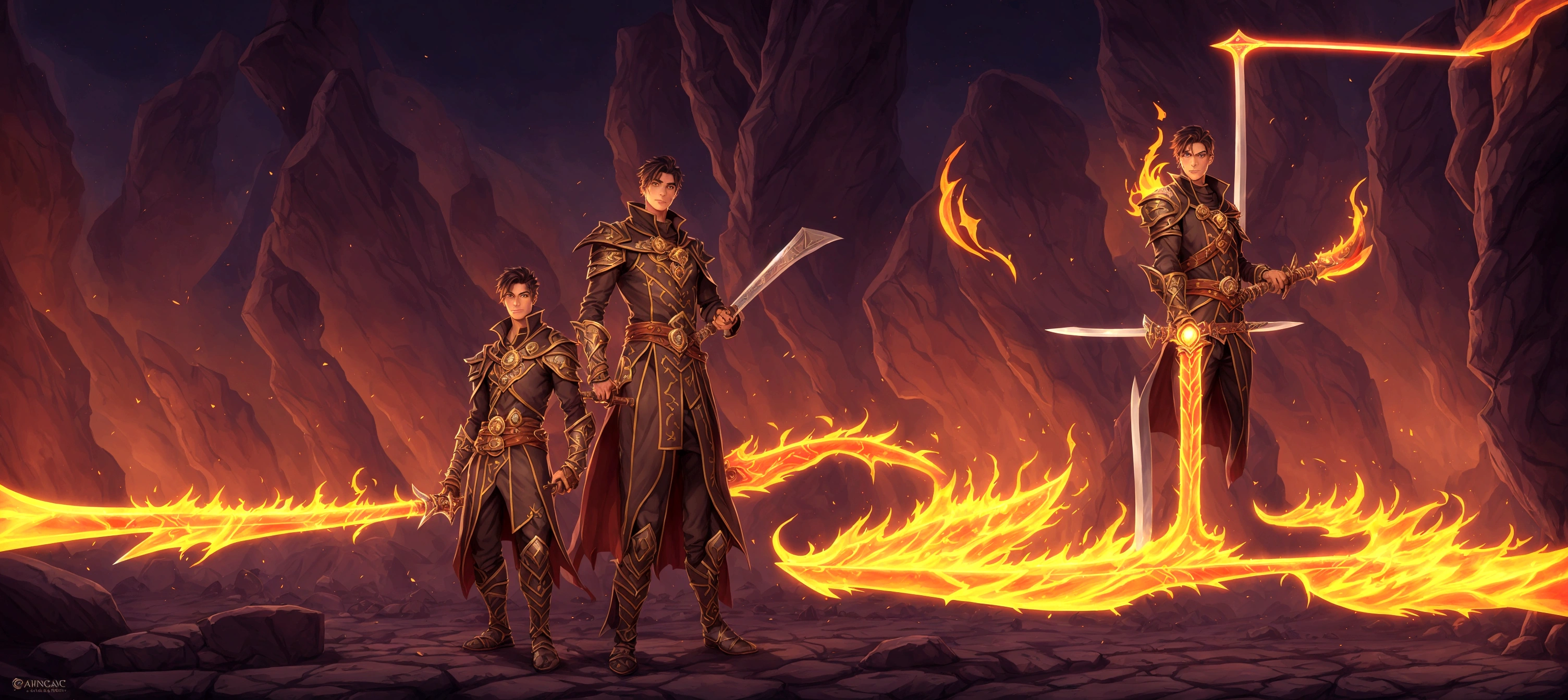 cartoon illustration of a man in a suit holding a sword and a sword, epic mage girl character, mobile game background, arcane art style, skinny male fantasy alchemist, arena background, holding magical fiery battle-axe, full portrait of elementalist, lord of cinder, desert fighter ancient mage, holding a flaming sword, full dress of lava showcase