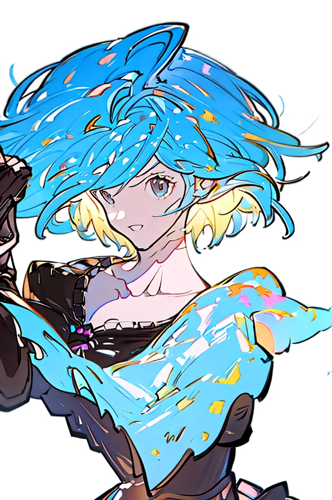 Djeeta 　Pure white background　Blue Hair　Black headband　Facing forward　looks strong　Black clothes　Cleavage is coming out　I have a protruding belly