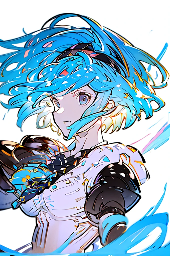 Djeeta Pure white background Blue Hair Black headband Facing forward looks strong Black clothes Cleavage is coming out I have a protruding belly