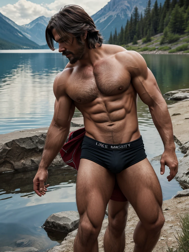 (masterpiece, 4K, ultra detailed), McCree, single, medium length hair, masculine, simple coloring, smooth shading, outside, lake, realistic, muscular, eight-pack, shirtless, black boxers, underwear