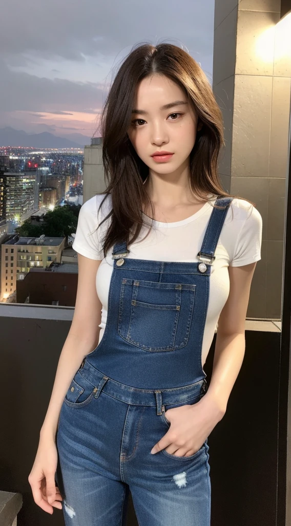 ((midnight, best quality, 8K, masterpiece :1.3)), whole body, Long legs, Clear focus :1.2, Beautiful woman with perfect body :1.4, Slim abdominal muscles :1.1, ((Dark brown hair, 巨Large Breasts :1.2)), (Red tube top tight T-shirt, Overalls Jeans,Balenciaga socks， permanent:1.2), ((City night scene, roof:1.3)), Highly detailed face and skin textures, Delicate eyes, Double eyelids，Large Breasts，Watch exposed breasts，Touch your chest with your hands。