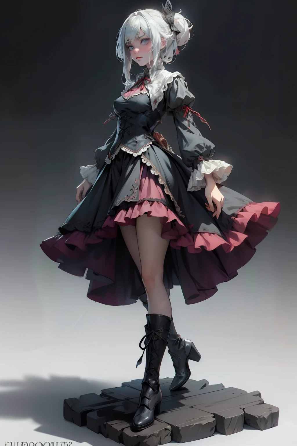 ((best quality)), ((masterpiece)), (detailed), blank white background, plain background, white background, red and white clothing, Bloodborne inspired, occult aesthetic, occult, detailed and intricate steampunk and detailed gothic, NSFW, Very dramatic and cinematic lighting, cosmic horror, grim-dark, side-lighting, perfect face, NSFW, Fluttering lace flared long knee length dress with frilly petticoats, knee length dress, pleated petticoats, ta dress, petticoats gothic lolicomplex lace boots, side-lighting, gothic lolita aetic, wielding a mighty sword with mechanical components, carbine, NSFW, beautiful small breasts, small breasts, full body, whole body, body, plain background, white background, blank background, no background, white background NSFW, full body, whole body, head-to-toe NSFW