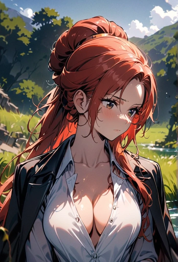 masterpiece, best quality), intricate details, 1 girl, woman, red hair, straw hat, Shanks, shanks \ (one piece\), scar on face, (long hair), shirt, white shirt, female focus, clothes, collared shirt, pants, cape, black coat, shirt, scar, sandals, pectorals, partially unbuttoned, cleavage, black coat on shoulders, nature, scenery, upper body, straw hat,
((front view)) ((close up shot)) ((solo)) ((Twisted Updo: Long hair twisted and pinned up into an elegant updo, often with loose tendrils left out))
...
