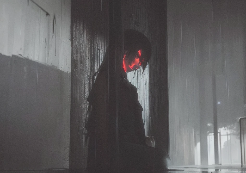 "Create an anime-style image that captures the emotional depth and contrasting themes of the song. The scene should feature a dark, rainy urban environment with deep shadows and muted colors. In the foreground, a character with visible red scars on their wrists stands in a contemplative pose, half-hidden in the shadows. Their face is partially obscured by a mask, symbolizing the duality of their public facade and private pain. Surrounding them, incorporate subtle, moody lighting and rain effects to evoke a sense of inner turmoil and silent screams. The overall aesthetic should blend traditional anime art with a melancholic and dark, yet visually striking atmosphere."