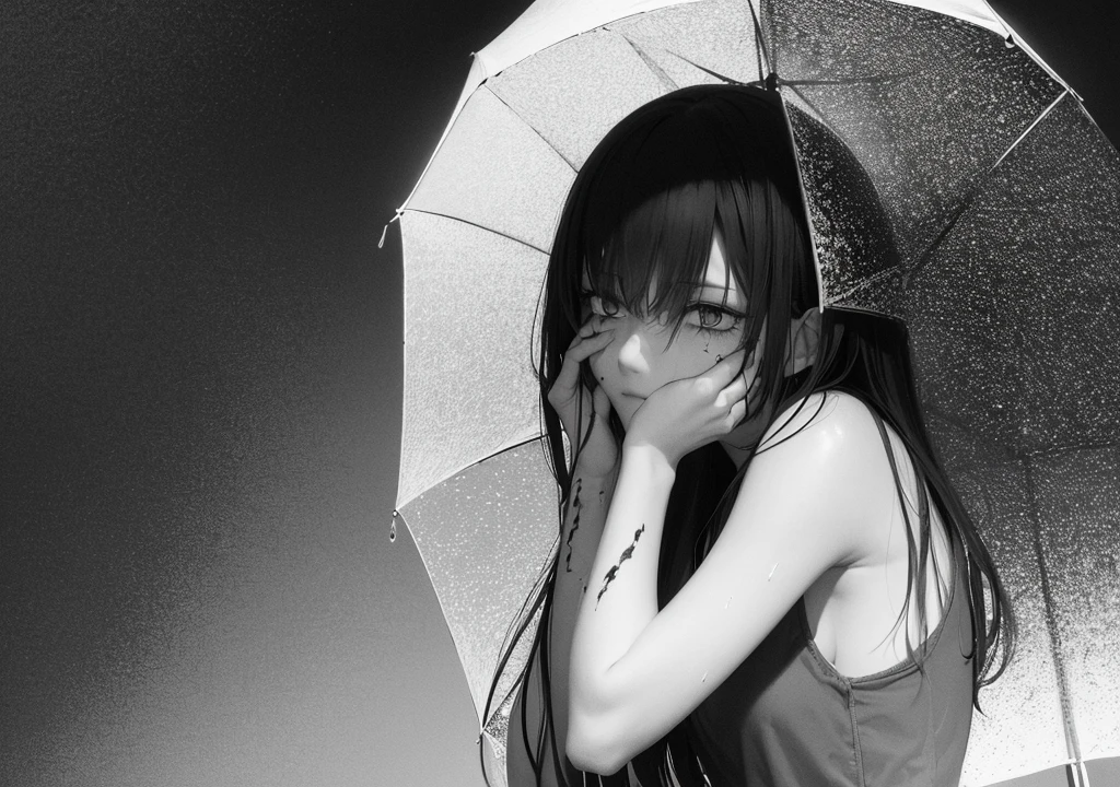 "Create an anime-style image that captures the emotional depth and contrasting themes of the song. The scene should feature a dark, rainy urban environment with deep shadows and muted colors. In the foreground, a character with visible red scars on their wrists stands in a contemplative pose, half-hidden in the shadows. Their face is partially obscured by a mask, symbolizing the duality of their public facade and private pain. Surrounding them, incorporate subtle, moody lighting and rain effects to evoke a sense of inner turmoil and silent screams. The overall aesthetic should blend traditional anime art with a melancholic and dark, yet visually striking atmosphere."