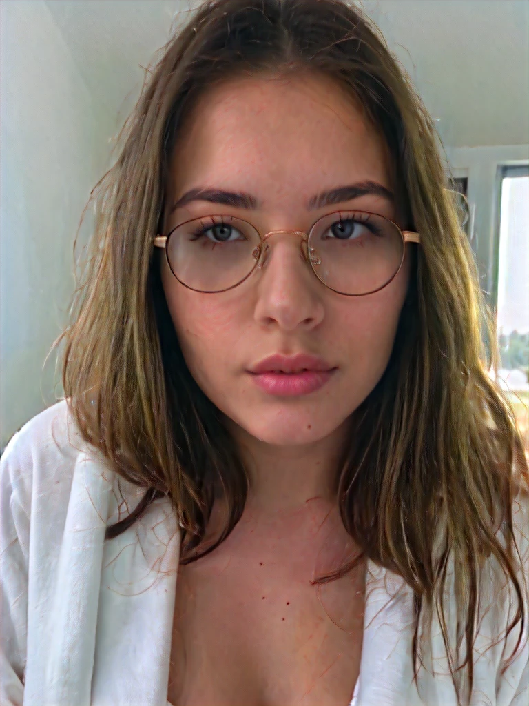 A beautiful 23 year old woman., light brunette, close up, girl next door, baggy clothes, make up, lips, glasses, evening, messy hair, film grain, Retro, 160 color holder, shot on ARRI ALEXA 65, sharp focus on the subject, Fujifilm xt-3