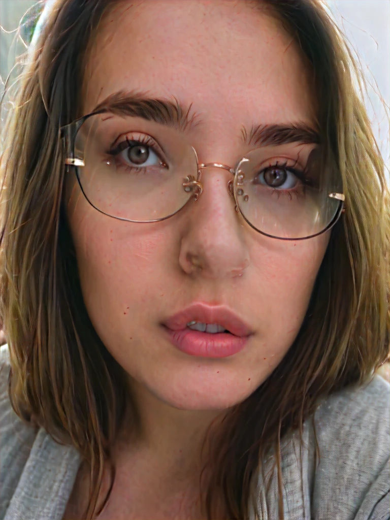 A beautiful 23 year old woman., light brunette, close up, girl next door, baggy clothes, make up, lips, glasses, evening, messy hair, film grain, Retro, 160 color holder, shot on ARRI ALEXA 65, sharp focus on the subject, Fujifilm xt-3
