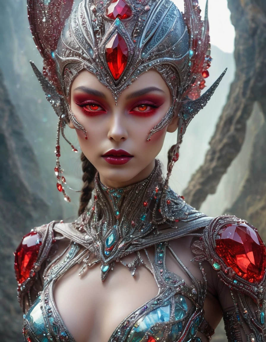 Beautiful alien, her face is made up of beautiful crystals and the rest of her body is translucent, and on her chest she carries a bright red stone
