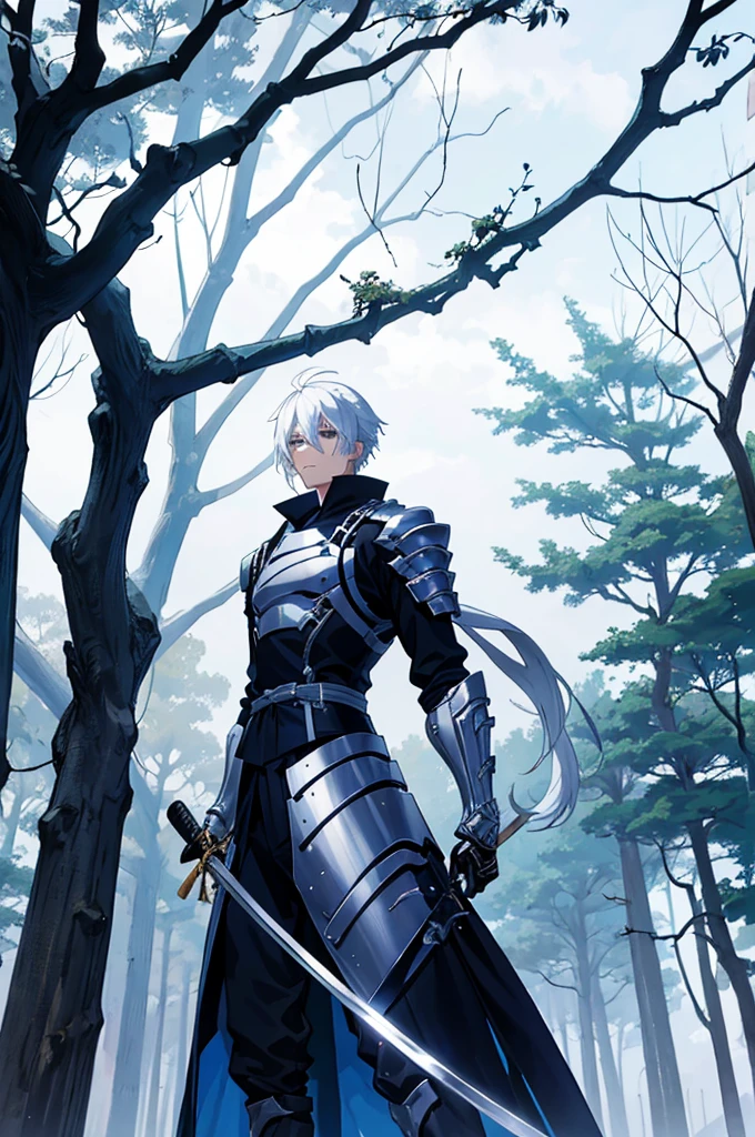 A 25 years old anime man with white hair, holding a Katana, Wearing a Blue and Black armor , Standing close to a tree