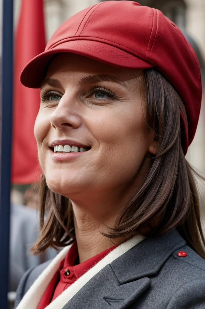 Macron avec une casquette rouge qui embrasse une femme