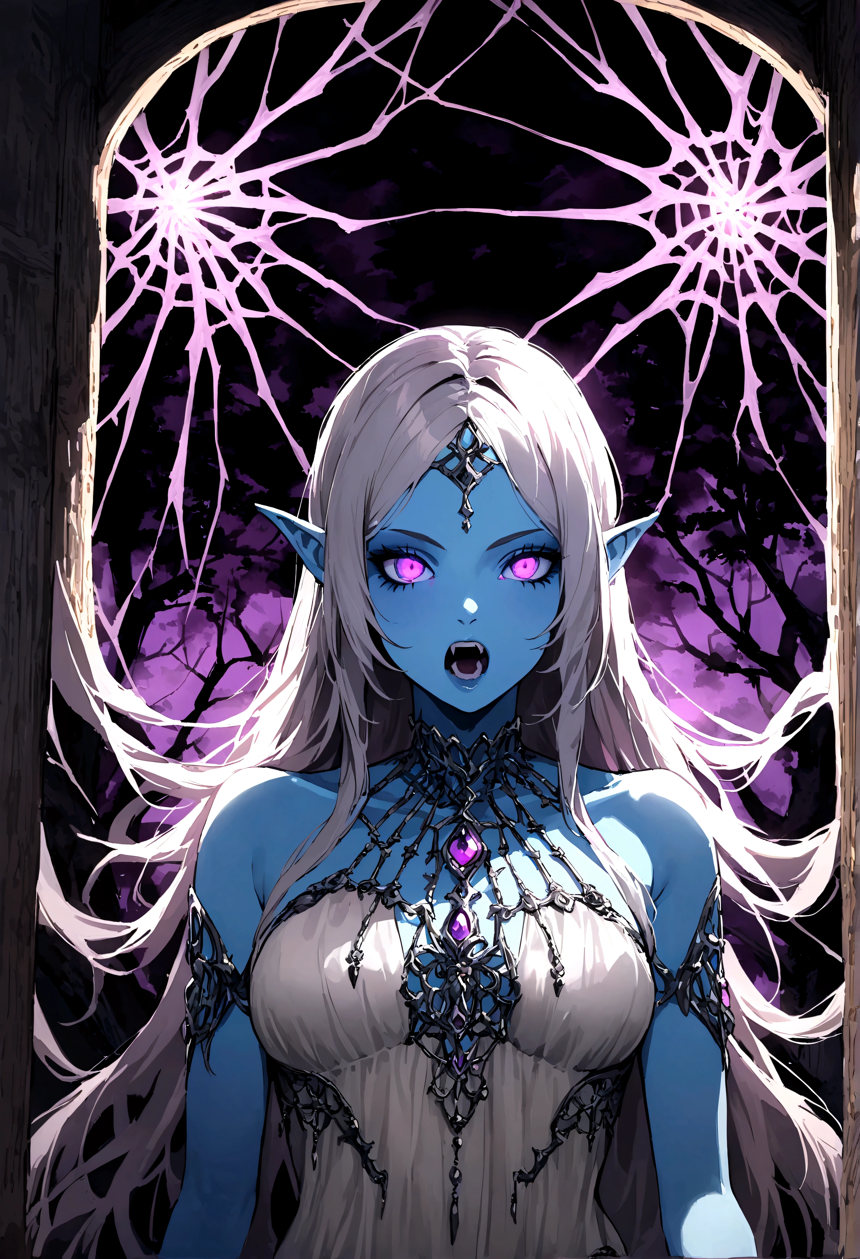 (Seductive nightmare)(Hyper realism)(Realistic fantasy)A moon elf greatly resembling Paris Hilton (age 25, psycho mouth full of jagged razor sharp teeth, long razor sharp finger nails, blue skin, violet eyes, silver hair, sheer spider silk lingerie(over exposed), silver body jewelry) transforming into a psycho super predator with arachnid overtones, blasphemous silver blue tattoos are sparkling in the moonlight, is studying the viewer and preparing to hunt them through a spider infested haunted woods, webs obscure the moon and carpet the ground. Immense webs and spiders in the tree tops. (show her entire body, show her from head to toe, show all of her)