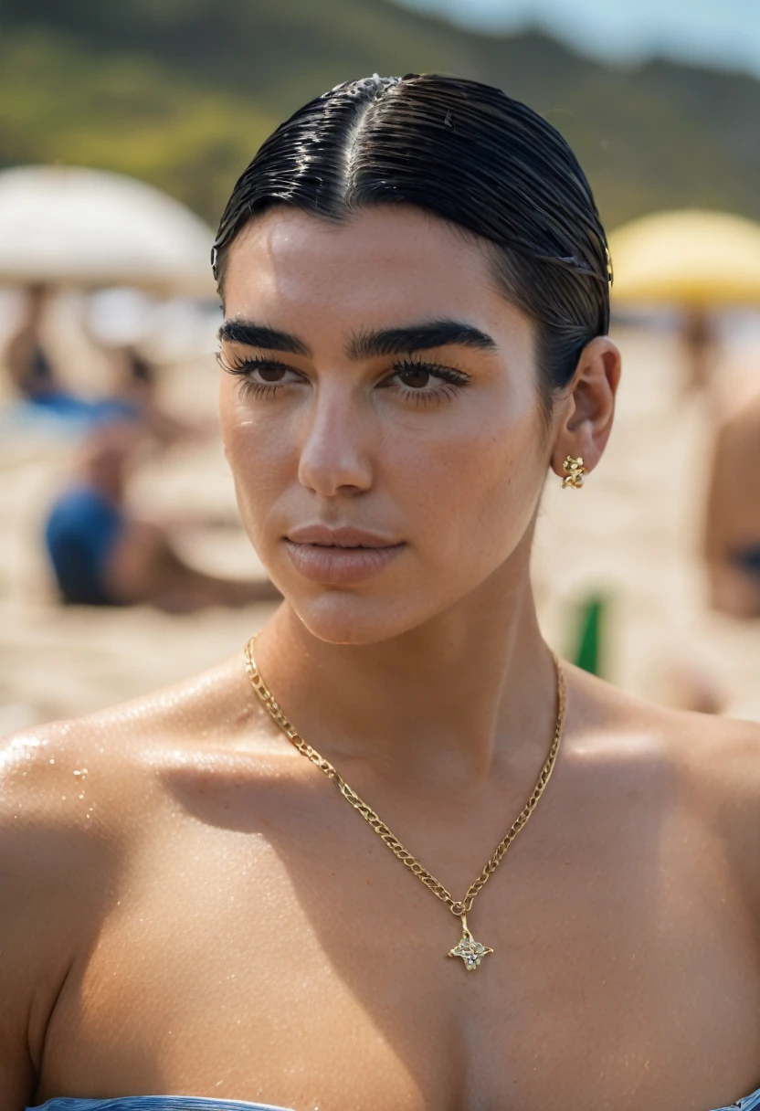  high quality  Erotic portrait  paparazzi photo , 35 woman ( DuaLipa, dua lipa, duxlipa, feminine face,female, singer, cute, vacation  side background , wet atmospheric , random click, random move photograph  , photorealistic , celebrity , woman ) sunbathing , topless , shiny breast ,shiny sweaty skin , sexualized move, erotic angles,  celebrity erotic photograph  , shiny sweaty skin, on beach,  celebrity, female,  woman, hollywood actress , fleshy muscular woman  , ( correct body parts,natural lights, depth of field, detailed face , insanely detailed skin texture, hyper detailed features )