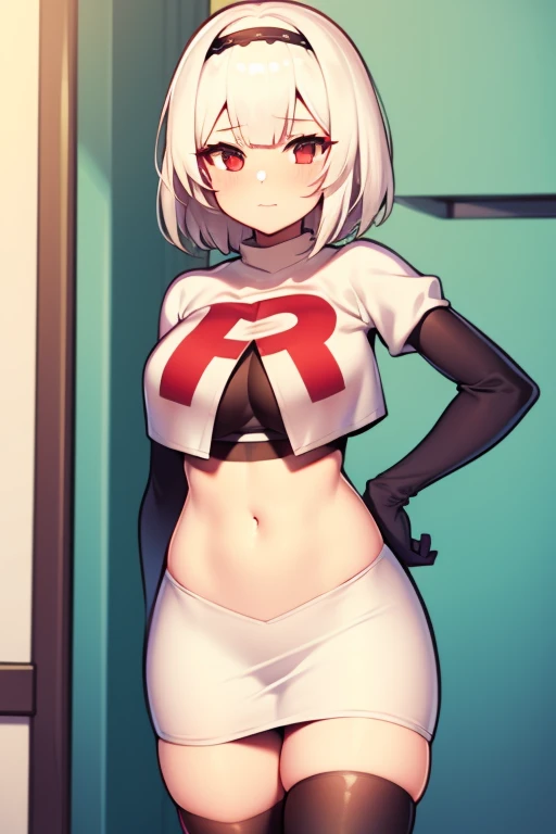 sirius (azur lane),white hair,red eyes,1girl,short hair,headband,team rocket,team rocket uniform,white skirt,red letter R,crop top,black thigh-highs,black elbow gloves