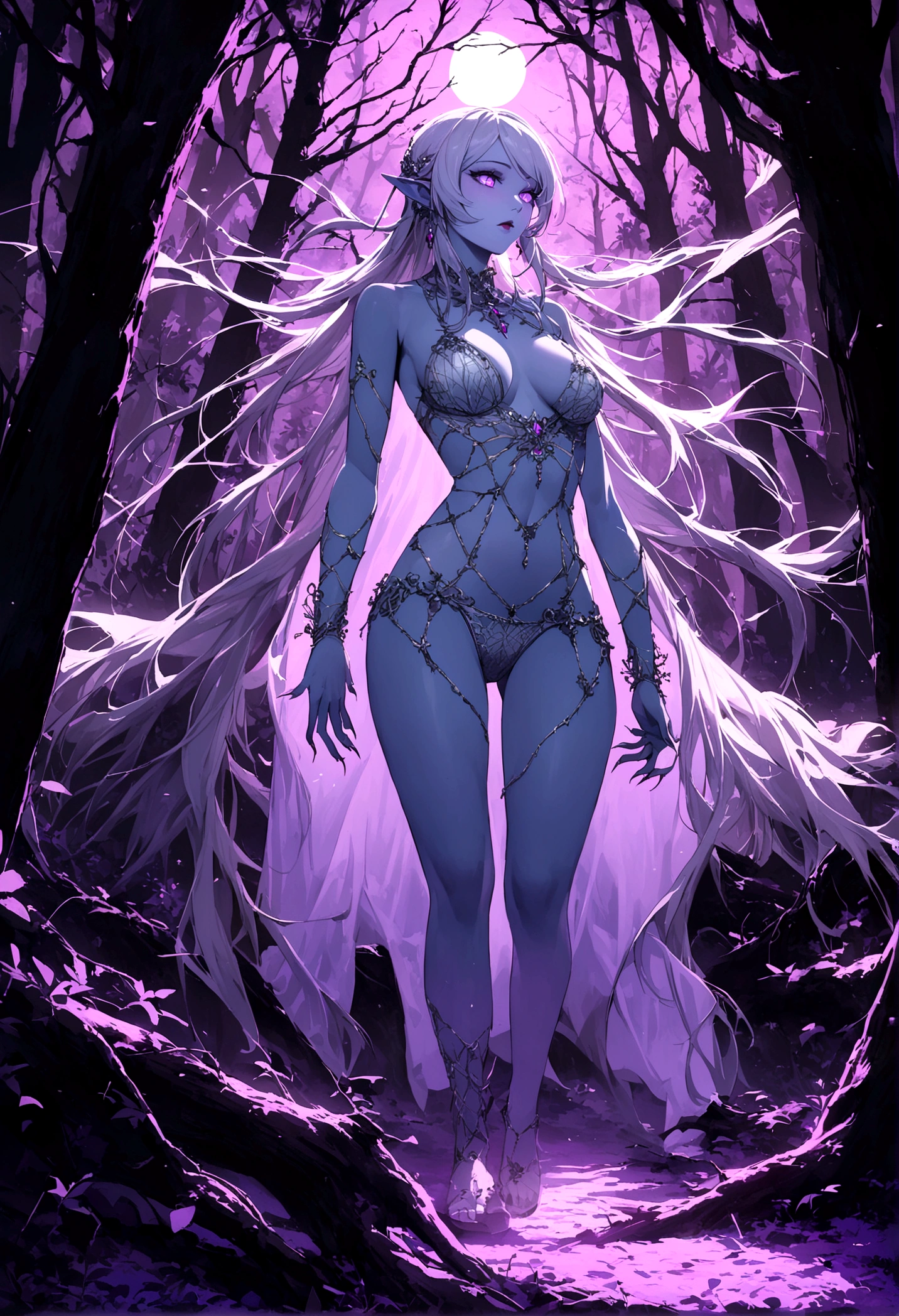 (Seductive nightmare)(Hyper realism)(Realistic fantasy)A moon elf greatly resembling Paris Hilton (age 25, psycho mouth full of jagged razor sharp teeth, long razor sharp finger nails, blue skin, violet eyes, silver hair, sheer spider silk lingerie(over exposed), silver body jewelry) is walking through a spider infested haunted woods, webs obscure the moon and carpet the ground. Immense webs and spiders in the tree tops.